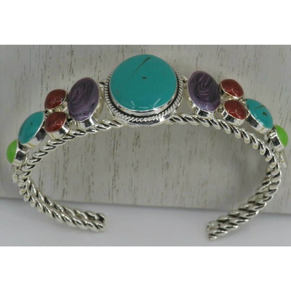 BEST Southwestern Design Faux Gemstone ENAMEL Cuff Bracelet Silver Tone